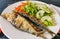 View of plated food, healthy fish meal, typical dish of Portuguese regional cuisine with grilled sardines with salad: red peppers