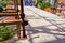 View on platform scaffold made of strong wooden planks above construction site