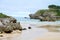 View on Playa de Palombina Las Camaras in Celorio, Green coast of Asturias, North Spain with sandy beaches, cliffs, hidden caves,