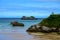 View on Playa de Palombina Las Camaras in Celorio, Green coast of Asturias, North Spain with sandy beaches, cliffs, hidden caves,