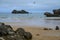 View on Playa de Palombina Las Camaras in Celorio, Green coast of Asturias, North Spain with sandy beaches, cliffs, hidden caves,