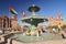 View of Plaza de Armas with Inca fountain, Cathedral and Compania de Jesus Church in Cusco, Peru