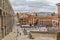 View at the Plaza Oriental and Towering Roman aqueduct & grand landmark monument of Segovia, on Segovia downtown