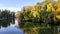 View of the pond with ducks and trees. The sun`s rays fall on the crowns of the trees create a sense of magic. The concept of beau