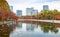 View from pond of Osaka castle to city