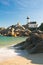 View of the Pontusval lighthouse and bay on the north coast of Brittany in France