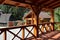 View from the porch of a wooden house to the courtyard in the countryside