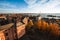 View of the Port Authority and South Harbor from the Clock Tower in autumn in Vyborg, Leningrad Region