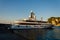 View of the port of Capri island Marina Grande. Docked private yacht. Luxury travel concept