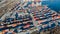 View of port container terminal. Industrial cargo harbor with ships and cranes