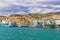 View of the port of genoa dominated by an aquarium and the biosphere green house designed by renzo piano...IMAGE