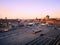 View of the port of Livorno at sunset from a ferry departing from the pier