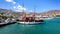 View of the port of the Mediterranean Sea in the summer. Docked yacht in the harbor.