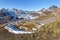 View at Portalet mountain pass from East in early January. Remarkable peak Midi Ossau in French Atlantic Pyrenees is at right, and