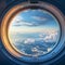 View from the porthole of an airplane on the clouds.