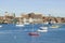 View of Portland Harbor boats with south Portland skyline, Portland, Maine