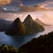 The view of The Potong, St. Lucia, sunrise, landscape, ultrarealistic, fantasy realistic