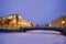 View of the Potseluev Bridge in January twilight. Saint Petersburg, Russia