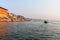 View of Prachina Hanumanana Ghat and Ghats on Ganges river from boat in Viranasi. India