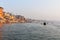 View of Prachina Hanumanana Ghat and Ghats on Ganges river from boat in Viranasi. India