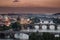 View of the Prague bridges with orange sky from above