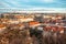 View of Prague over houses with red roofs. Amazing view from above at old historical quarter. Prague, Czech Republic. Prague is f