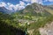 View of Pre Saint Didier town near Courmayeur and french border. Val d`Aosta region, italian Alps