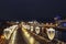 View of the Prechistenskaya embankment of the Moscow river, the Kremlin and the Bolshoi stone bridge in the evening during the new