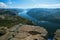 View from Preikestolen pulpit-rock cliff in Norway.