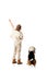 View of preschooler explorer boy with beagle dog pointing with finger on white