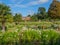 View of the Princess Diana Memorial Garden called White Garden at Kensington Palace in London on a sunny day.