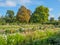 View of the Princess Diana Memorial Garden called White Garden at Kensington Palace in London on a sunny day.