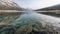 View on pristine alpine lake with clear water and mountain on its end, horizontal, Jasper NP, Canada