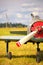 View on propeller on old russian airplane on green grass