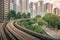 View of public residential housing apartments from LRT station in Bukit Panjang.