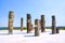 View of Pyramid of Quetzalcoatl with Toltec Warriors columns in ceremonial site Tula, Mexico