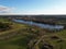 View of a quaint rural town with a lakes and sprawling farms in Sweden