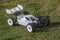 View of R/C model  racing cars on green background. Toys with remote control. Free time