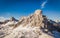 View of Ra Gusela peak in front of mount Averau and Nuvolau, in Passo Giau, high alpine pass near Cortina d`Ampezzo, Dolomites,