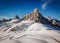 View of Ra Gusela peak in front of mount Averau and Nuvolau, in Passo Giau, high alpine pass near Cortina d`Ampezzo, Dolomites,