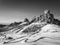 View of Ra Gusela peak in front of mount Averau and Nuvolau, in Passo Giau, high alpine pass near Cortina d`Ampezzo, Dolomites,