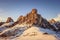 View of Ra Gusela peak in front of mount Averau and Nuvolau, in Passo Giau, high alpine pass near Cortina d`Ampezzo, Dolomites,