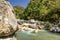 View of the Raganello River below il Ponte del diavolo pathway in Civita