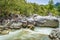 View of the Raganello River below il Ponte del diavolo pathway in Civita