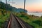 View of the railroad along coastline through the plants