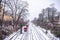 View of the rails in the snow from the bridge in Hamburg in winter