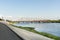 View of railway bridge across the Volga river from pedestrian em