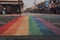 View of rainbow pedestrian crossing in Camden Town, London, UK