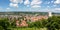 View of Ravensburg city from above with Mehlsack Turm tower and old town panorama in Germany