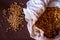 View of raw horse gram and the sprouted horse gram in a bowl. Also known as Macrotyloma uniflorum